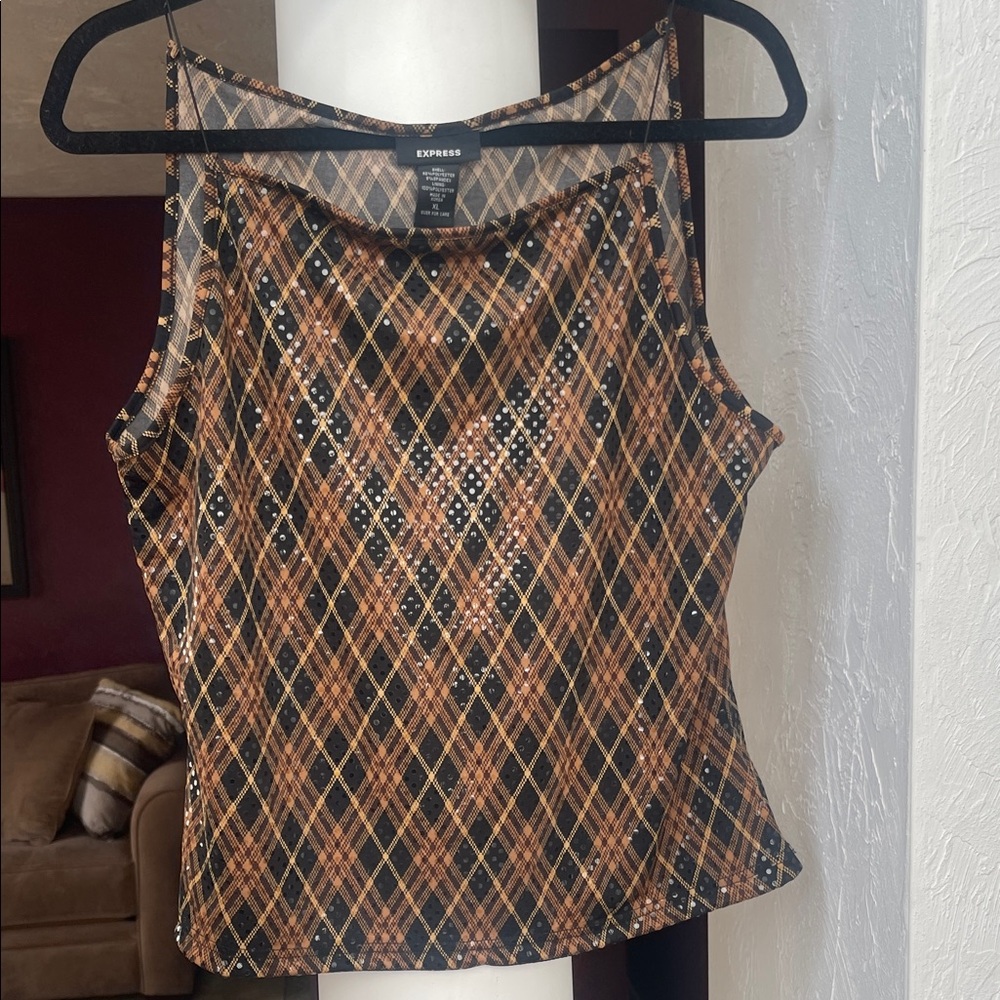 Express Women's Sleeveless Plaid Top - Black and Brown Size XL